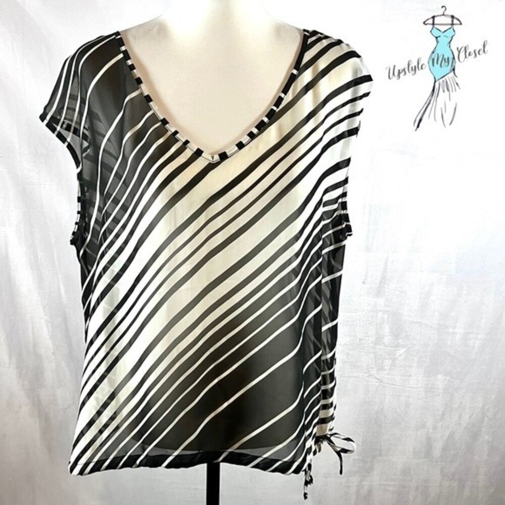 New York & Co black and white semi sheer tie side top size XL